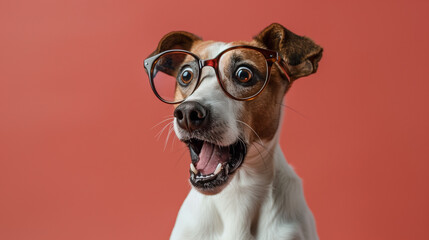 A surprised dog with glasses on a studio terracotta background