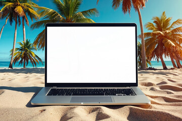 Laptop with blank white screen mock up on  tropical beach with palm trees wallpaper on a sandy...