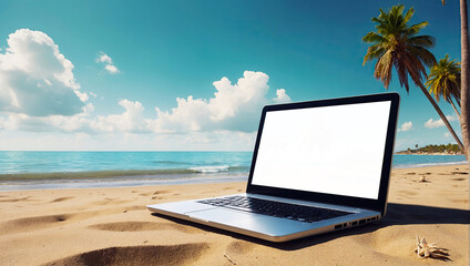 Laptop with blank white screen mock up on  tropical beach with palm trees wallpaper on a sandy beach in heat on trip. Remote work on vacation and travel, home office, internet, tours, resort, hotel.