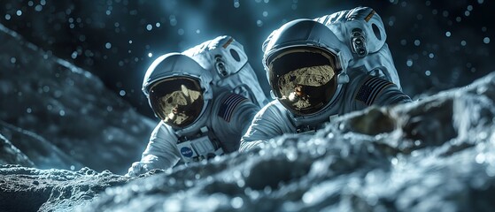 Closeup of astronauts in spacesuits on the surface of the moon
