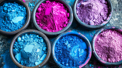 A collection of colorful powders in small bowls. The bowls are arranged in a row, with the blue powder on the left, the pink powder in the middle, and the purple powder on the right