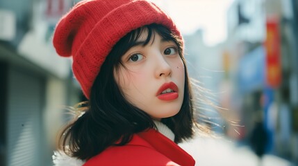 Japanese woman with lipstick wearing a red winter hat and coat, casually posing