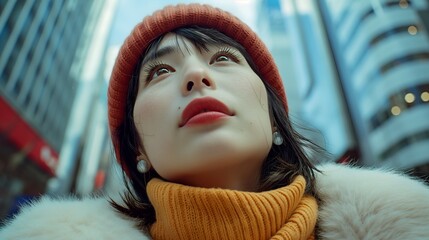 close-up of Japanese woman wearing red winter hat, fur coat and orange sweater, cityscape background