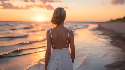 Blonde woman wearing white dress enjoying sunset at the beach during summertime