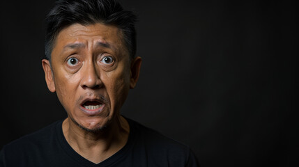 A man with a surprised expression on his face. He is wearing a black shirt. The image has a mood of surprise and shock