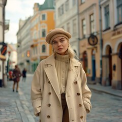 Blonde fashion model wearing mushroom color coat, wollen sweater and barret hat, Tallinn Old Town, autumn fashion