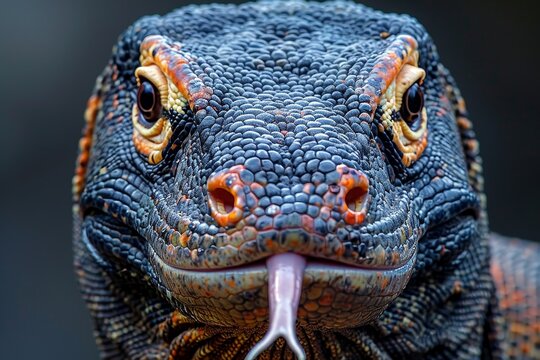 Komodo Dragon: Tongue flicking out with textured skin and forked tongue, depicting behavior