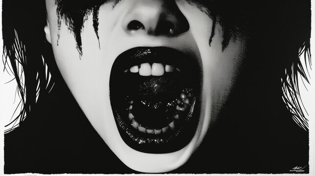 A woman's face with a mouth open and teeth showing. The image is black and white. Scene is dark and eerie