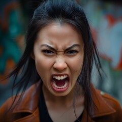 Angry screaming Asian woman, street background