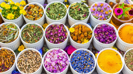 A variety of herbs and spices are displayed in white bowls on a table. The bowls are arranged in a row, with some containing more herbs than others. The herbs include rosemary, lavender, and thyme