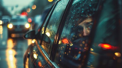 A commuter peering out of a car window with frustration, trapped in slow-moving traffic