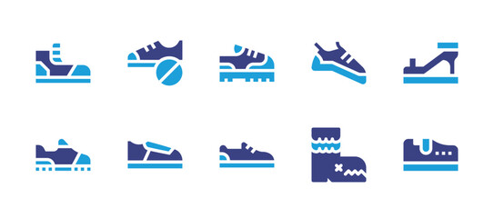 Shoes icon set. Duotone color. Vector illustration. Containing climbing shoes, boots, sneakers, no shoes, running shoes, shoe, shoes, heeled shoes.