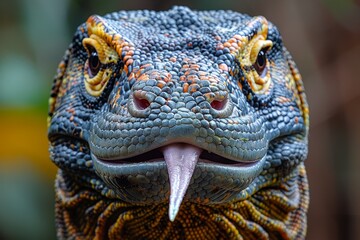 Obraz premium Komodo Dragon: Tongue flicking out with textured skin and forked tongue, depicting behavior