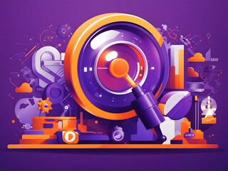 Obraz premium Search engine optimization (SEO) analysis concept on ultraviolet background flat illustration design.