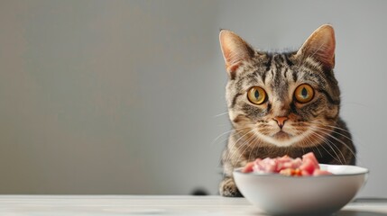 A  tabby cat sits at a table near a bowl of meat, barf