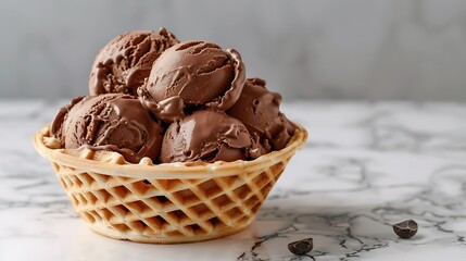 chocolate ice cream in a waffle basket on marble stone background