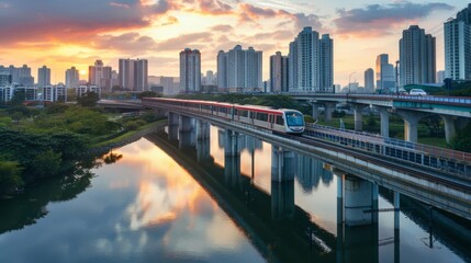 A commuter train speeding across a bridge over a tranquil river, connecting distant neighborhoods and suburbs with the vibrant heart of the city.