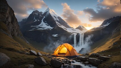 Hiking tent and backpack In mountains in morning with rays of sun with a mountain river and a waterfall. Travel, trekking tour to wild, exotic places, tourism, outdoor activities. - obrazy, fototapety, plakaty