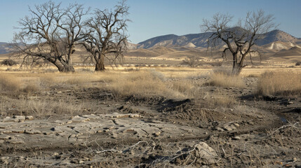 A landscape of a desolate prairie dotted with gnarled trees and barren hills reflecting the harshness and desolation of the western frontier. .