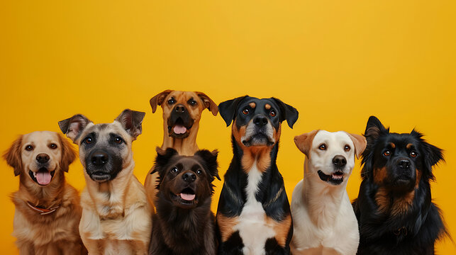 Group of dogs studio portrait isolated on yellow background. Banner with copy space.