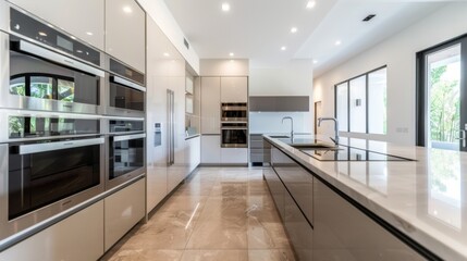 A contemporary kitchen with minimalist cabinetry and clean lines, featuring state-of-the-art appliances and sleek countertops for efficient and stylish meal preparation.