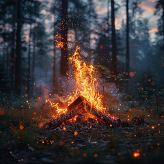 A fire is burning in a pile of wood, surrounded by rocks