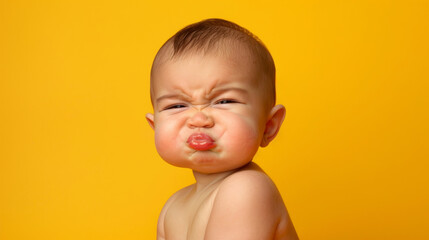 Baby with Disgust: Nose wrinkles, lip curls, revulsion evident, recoiling in distaste - obrazy, fototapety, plakaty