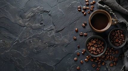 Coffee cup and roasted beans on dark stone table