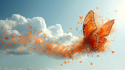 butterfly on the sky cloud background. Fairy tale magical 