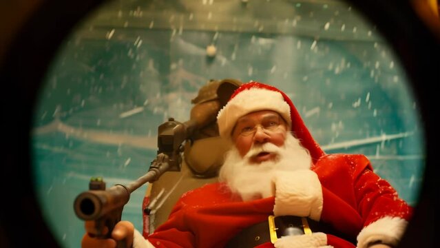 Surreal composite image of Santa Claus dressed in red suit aiming a rifle through a sniper scope with Christmas tree decorations visible in the background, blending holiday and military themes.

