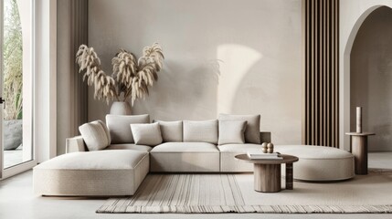A cozy corner sofa in a minimalist living room, surrounded by neutral tones and sleek decor, creating a comfortable and inviting space for relaxation and socializing.