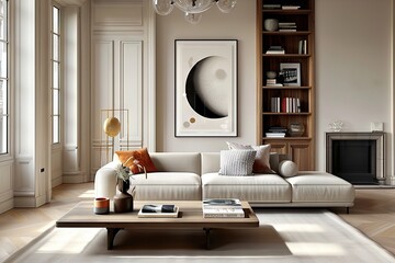 Art Deco Glamour in Modern Living Room  Sofa and Bookcase with Bold Poster