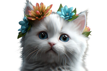 White kitten with a flower on its head on Transparent Background PNG
