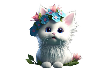 White kitten with a flower on its head on Transparent Background PNG