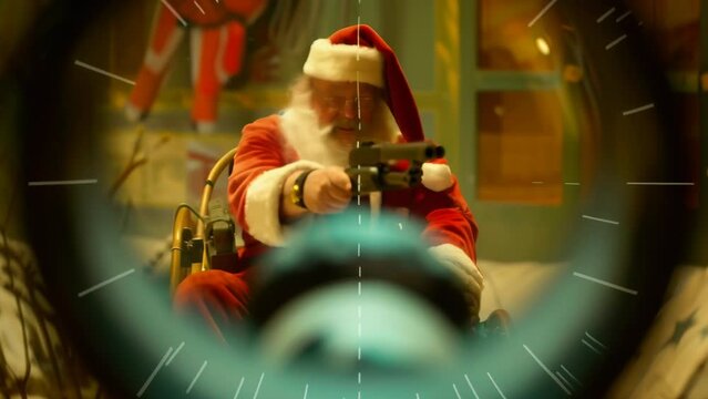 Surreal composite image of Santa Claus dressed in red suit aiming a rifle through a sniper scope with Christmas tree decorations visible in the background, blending holiday and military themes.
