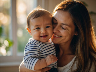 Happy cheerful family. Mother and baby kissing, laughing and hugging