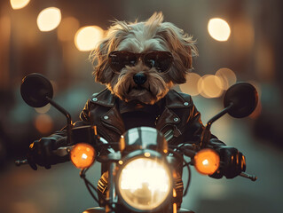 A cool dog in shades and a leather jacket cruises on a motorcycle
