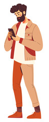 Hipster man using smartphone. Vector illustration in flat cartoon style