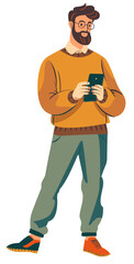 Man in casual clothes using smartphone. Vector illustration in cartoon style.
