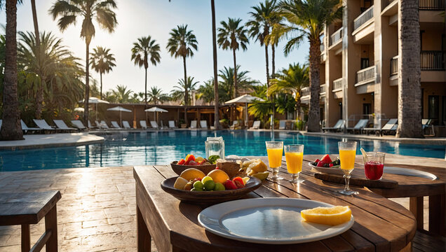 An empty table of an outdoor cafe in a tropical hotel with palm trees near the pool and ocean.