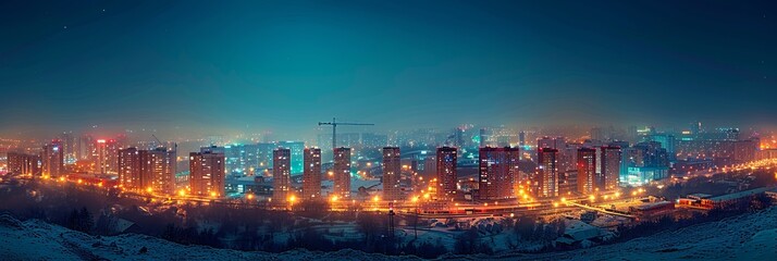 Banner: high-rise buildings under construction at night, light from lights.