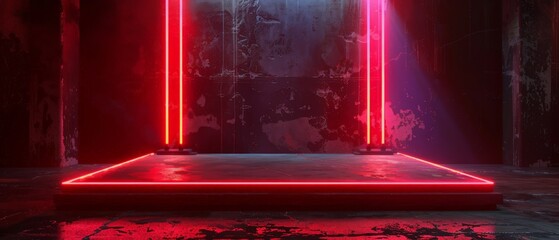Red neon light product background stage or podium pedestal on grunge street floor with glow spotlight and blank display platform. 3D rendering.