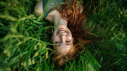 A serene image of a woman lying down in green grass with her auburn hair fanned out around her, giving a naturalistic and peaceful vibe - obrazy, fototapety, plakaty