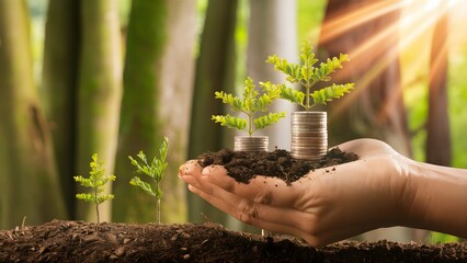 Four trees of varying heights, each growing atop a stack

of coins, stand proudly in a full bloom. The coins are arranged in ascending order, with the tallest tree reaching the highest stack