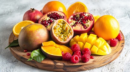 Delicious fruit on round wood chopping board mango pomegranate raspberries papaya oranges passion...