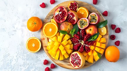 Delicious fruit on round wood chopping board mango pomegranate raspberries papaya oranges passion fruits berries on off white concrete background