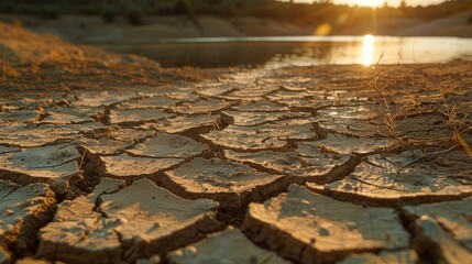 A cracked, dry lake bed reflecting the harsh reality of water scarcity in drought-prone areas - obrazy, fototapety, plakaty