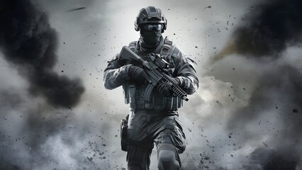 Fototapeta premium scene of a seasoned soldier standing resolute amidst a whirlwind of chaos