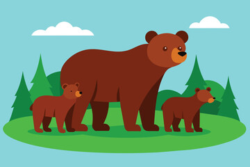 Brown bear, ursus arctos, mother with two cubs on green meadow with copy space. Wide panoramic banner of wild mammal with her lovely offspring's. Animal wildlife in nature