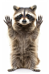 A raccoon standing on its hind legs, isolated on a white background